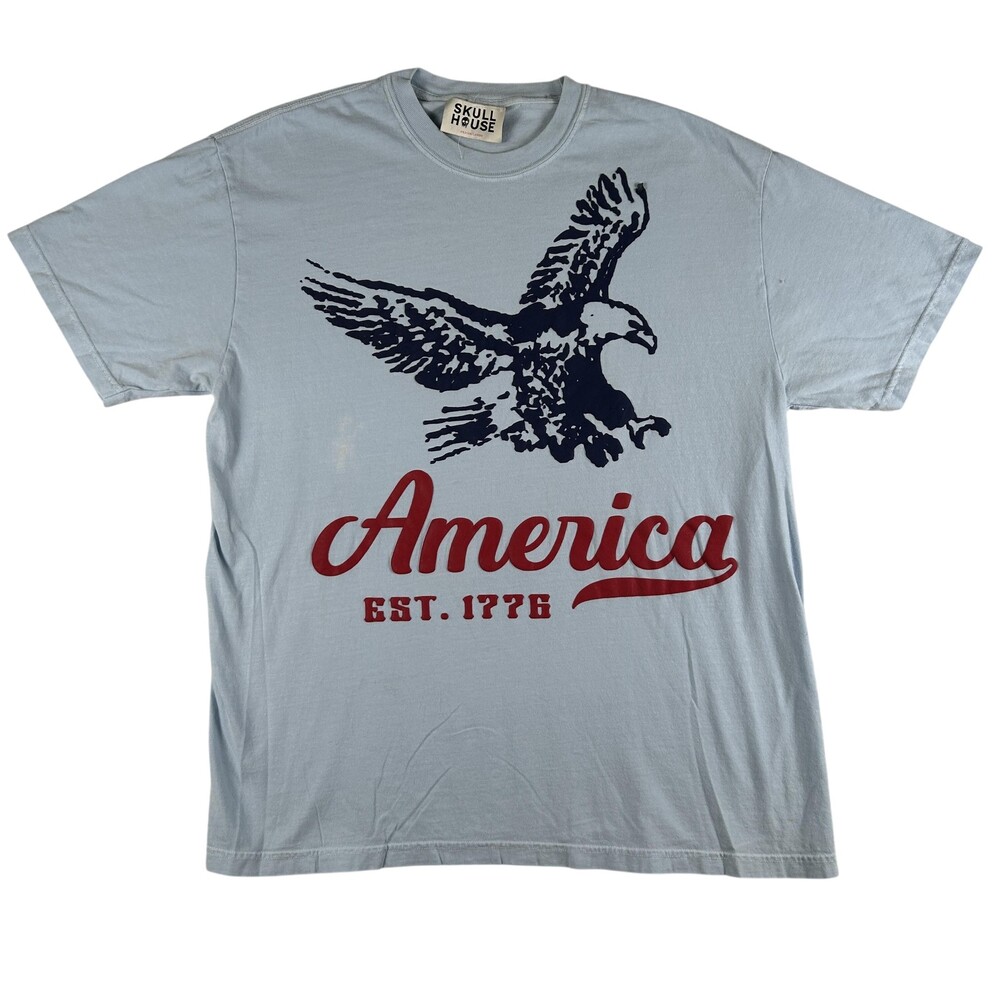 Skull House Shirt Mens Large Blue America Eagle Graphic Patriotic USA Est 1776